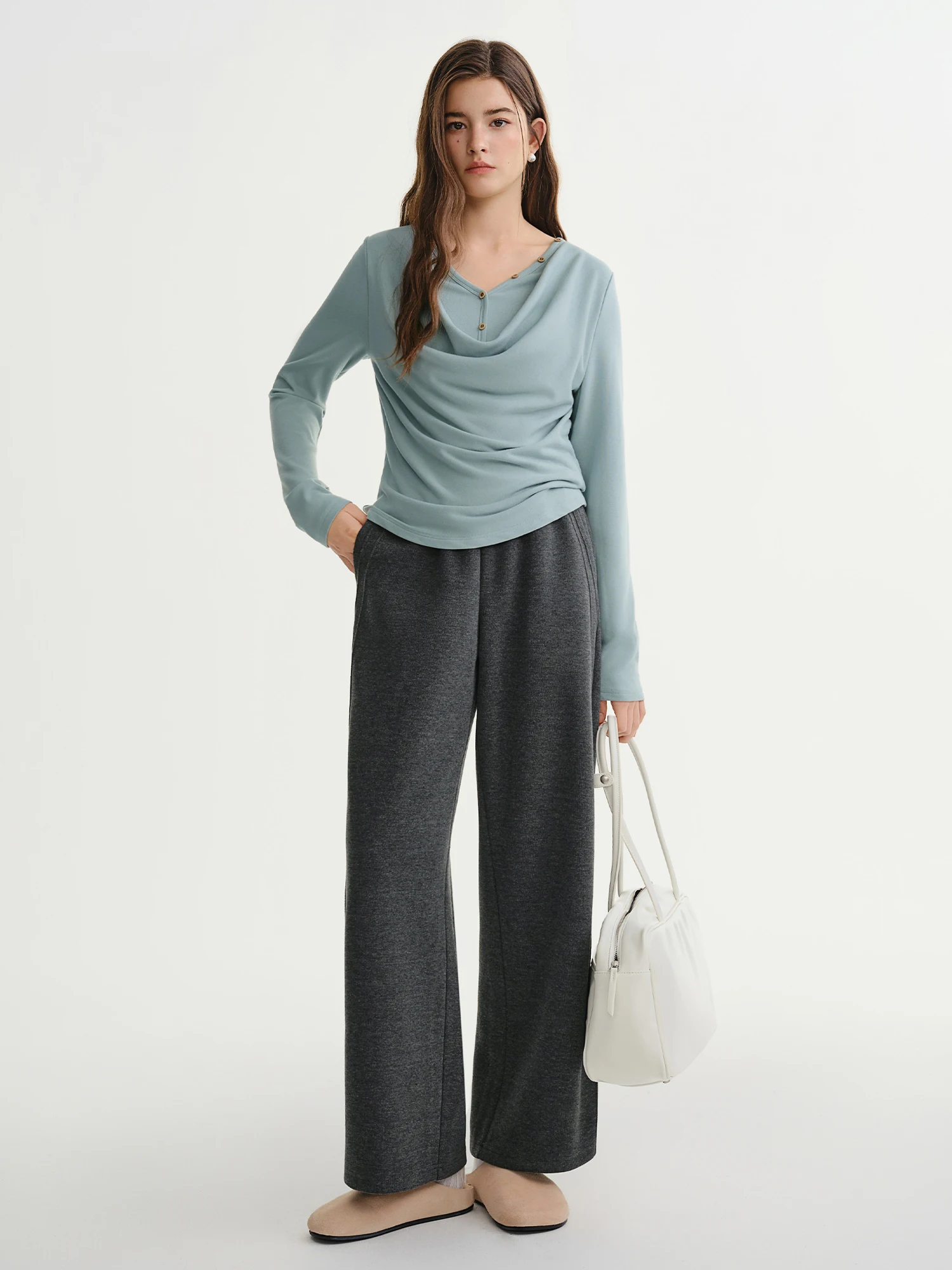 DUSHU Plus Size Women's Elastic Waist Relaxed Fit Fashion Wide Leg Casual Pants 2025 Winter New Arrival Cloud Layers Collection