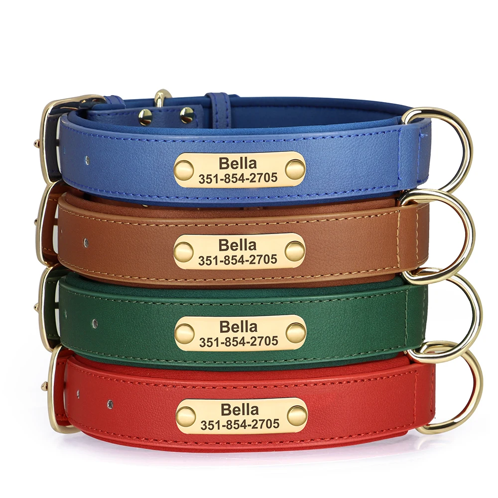 Dog Collar Personalized PU Leather Soft Padded Free Engraved Pet ID Necklace For Small Medium Dogs