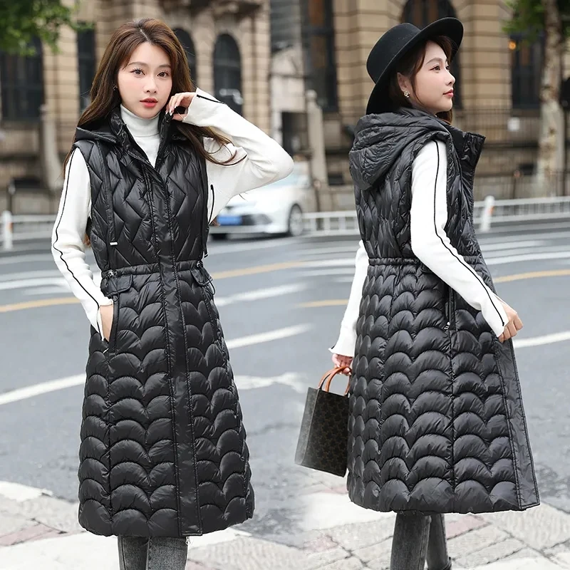 

Winter Long Coat Women 2023 New Fashion Casual Sleeveless Vests Parkas Chic Vintage Pockets Zippers Waistcoat Female Hooded Jack