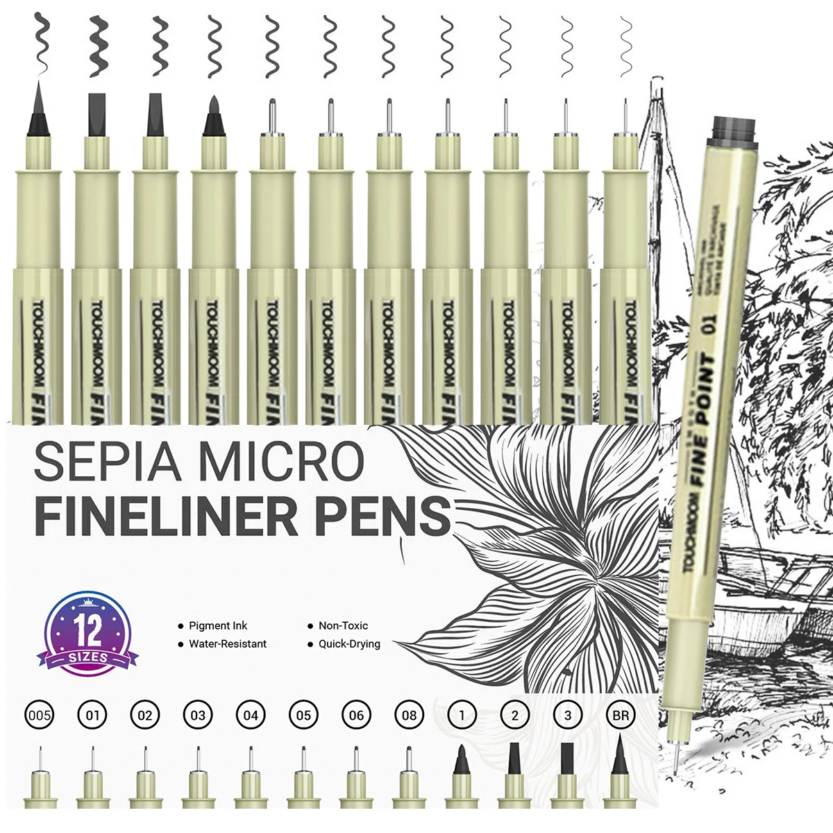 

12 Types Black FineLiner Pen for Painting Drawing Tick Pens Sketching Markers Waterproof School Student Art Supplies Stationery