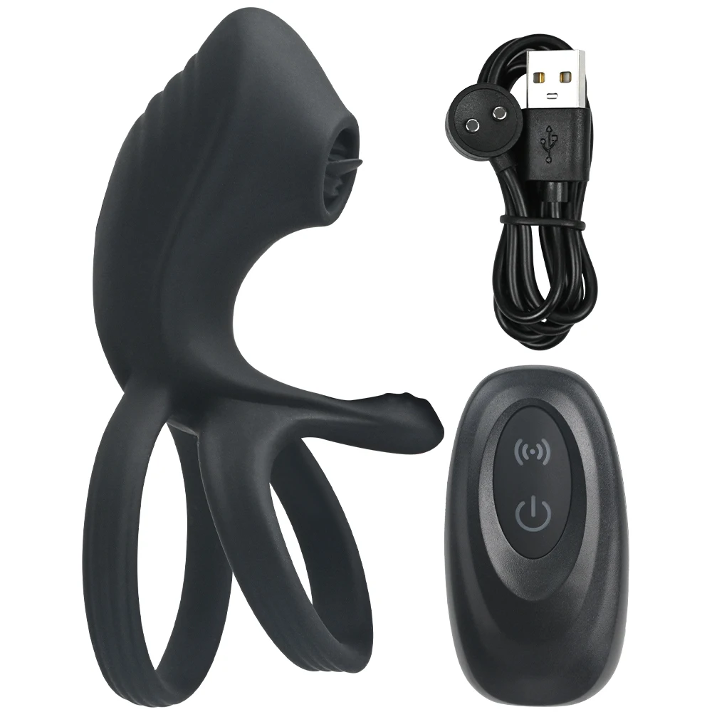 Remote Control Vibrating Cock Ring Ejaculation Delay Penis Ring with Tongue Licking Clit Stimulator Adult Sex Toy for Couples