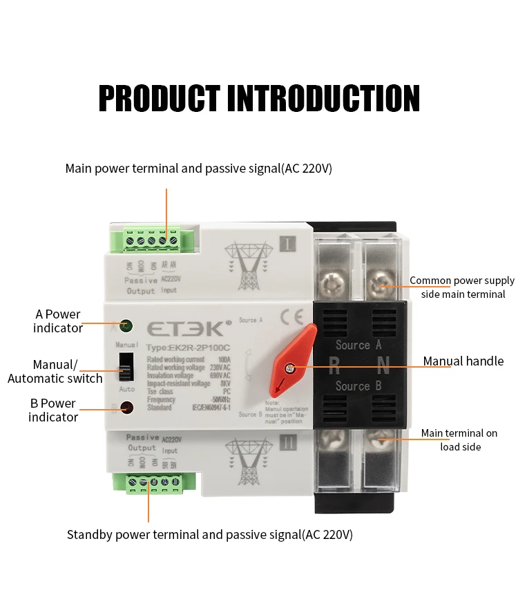 Dual Power Automatic Transfer Switch 220V 2P 4P Din Rail ATS Generator Power Sup