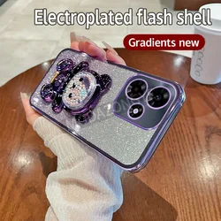 Soft Silicone Bling Shockproof Electroplated TPU Phone Case with Bear Stand for Infinix Hot 30 4G (Purple)