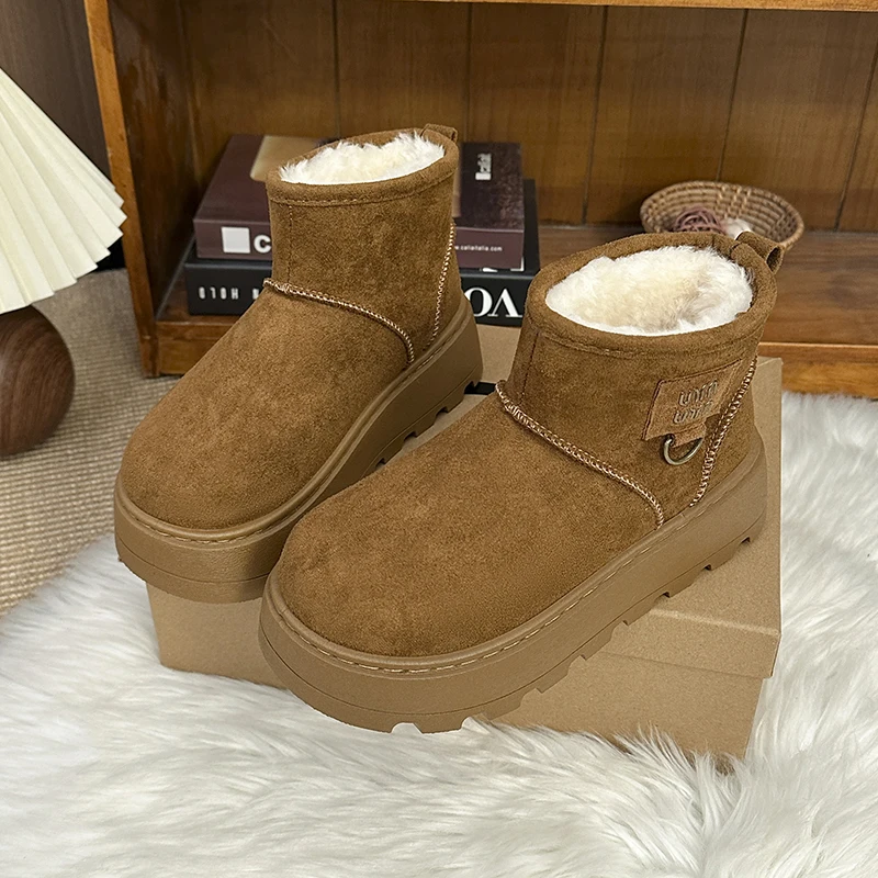 Women's Winter Fleece-Lined Short Boots, Fashionable Slip-On Thickened Warm Outdoor Short Boots, Solid Color Round-Toe Platform Shoes with Cloth Insoles and Pvc Soles, Winter Fashionable Warm Slip-On Short Boots, Cotton Shoes, Women's Snow Boots