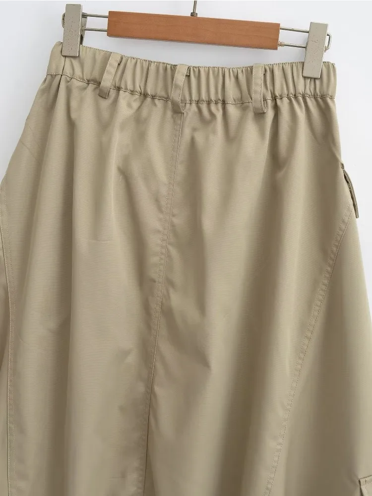 HOUZHOU Cargo Skirts for Women Vintage Female Safari Long Skirt A Line Pocket Retro Outwear Loose Casual Streetwear Y2k Clothes