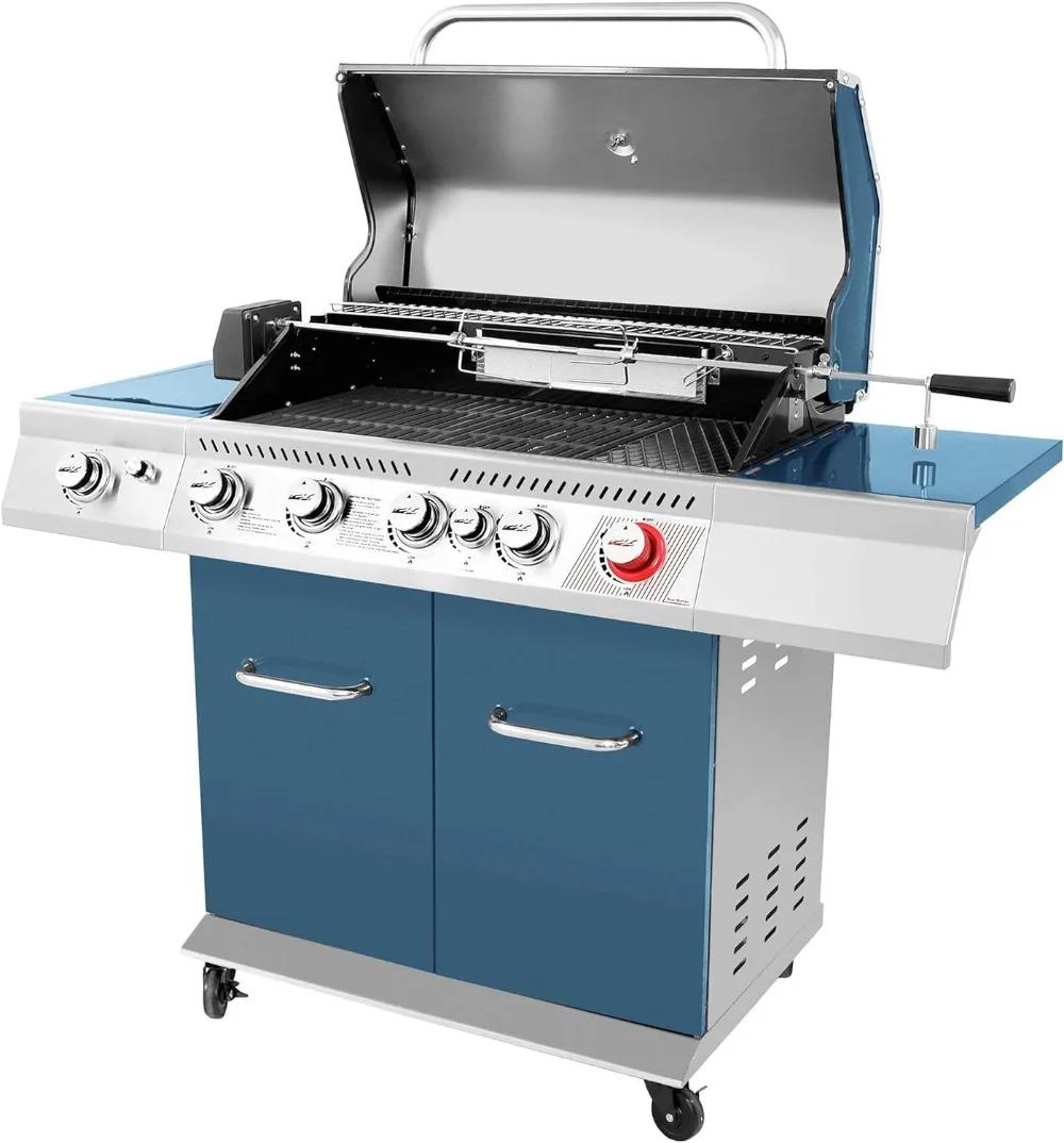 5-Burner BBQ Cabinet Style Propane Gas Grill with Rotisserie Kit Sear Burner Rear Burner and Side 74,000 BTU Patio Picnic