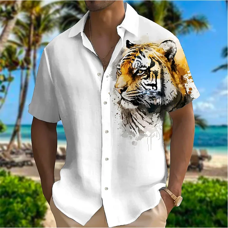 thumbnail image 1 of Camiseta retro para hombre con estampado 3D de animales, león y tigre, nueva camiseta de verano con solapa abotonada, ropa informal de moda hawaiana para hombre, 1 of 5