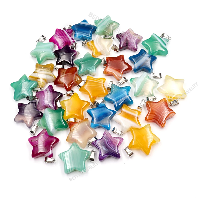 20pcs/lot Star Heart Stripe Agate Charms Nacklace Pendants Crystal Reiki Healing Wholesale For jewelry Making 25mm Gemstones