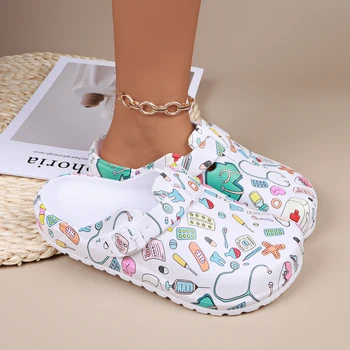 Women Cartoon Printing Mule Clogs Adjustable Buckle Nurse Shoes Non-Slip Closed Toe Comfort Indoor Slippers for Beach & Garden 1
