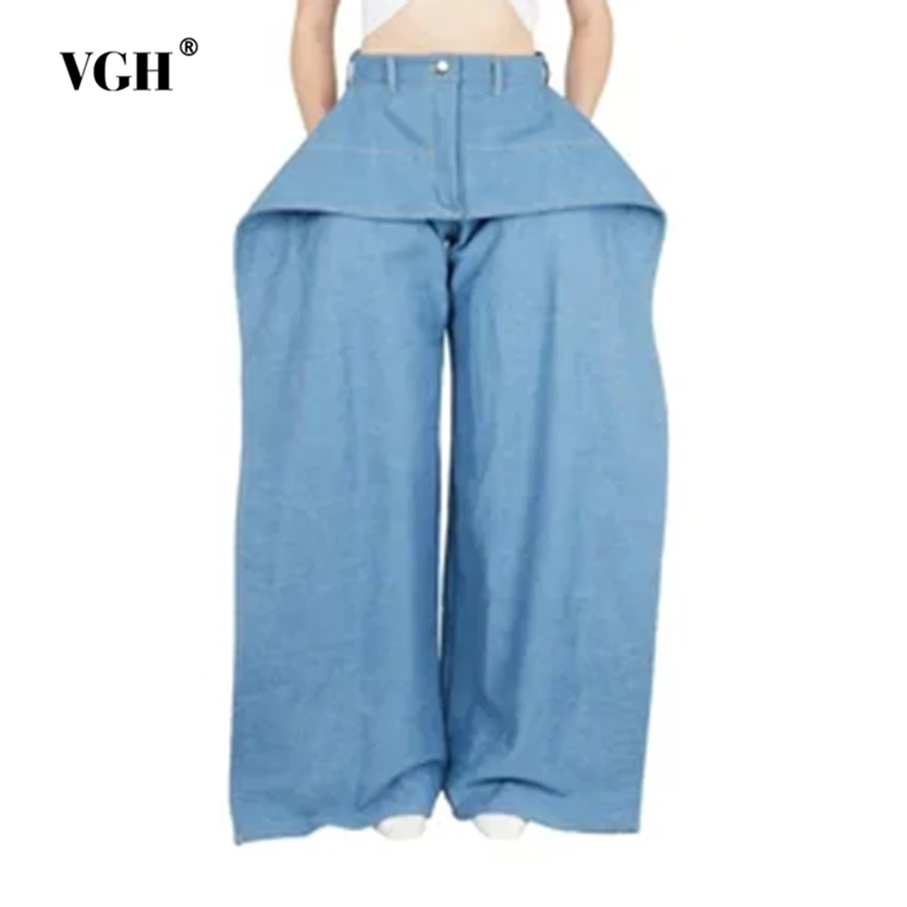 

VGH Solid Spliced Button Loose Jeans For Women High Waist Patchwork Pockets Minimalist Casual Wide Leg Denim Pants Female New