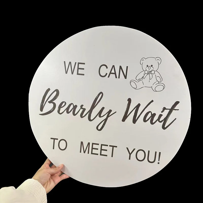 45x45cm We can Bearly Wait Sign Mosaic KT Board Brown Bear Round Welcome Baby Sign Board for Baby Shower Gender Reveal Decorati
