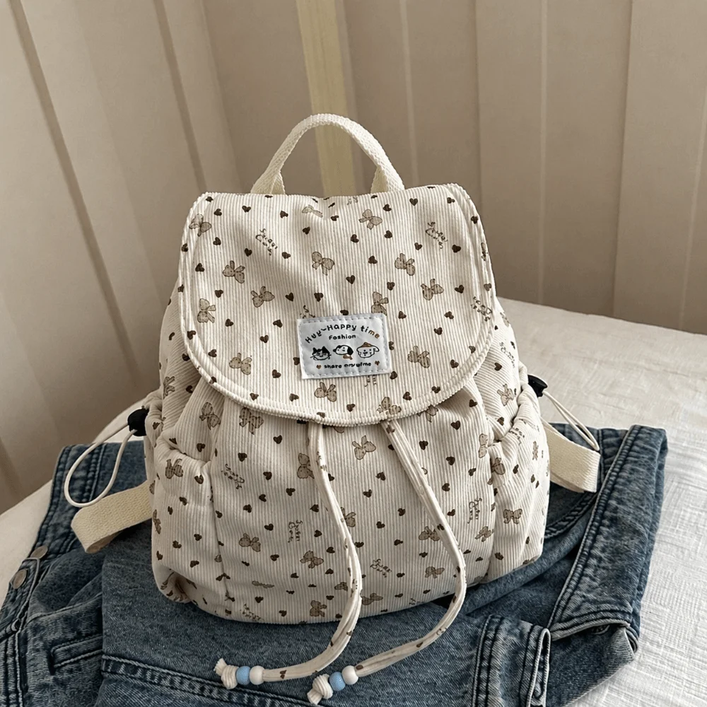Zaino leggero in velluto a coste con stampa a fiocco, grande capacità, design semplice, con coulisse, borsa da giorno casual e versatile per viaggi brevi - immagine 2