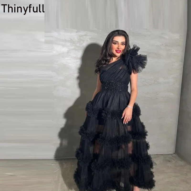 

Thinyfull Saudi Arabia A-line Prom Dress One-Shoulder Black Evening Party Gown Tulle Tiered Long Formal Occasion Dresses 2023