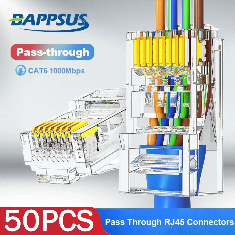 BAPPSUS 1-50Pcs CAT6 RJ45 Pass Through Connectors placcato oro Crimp Crystal Ends CAT5e UTP Network spina modulare non schermata