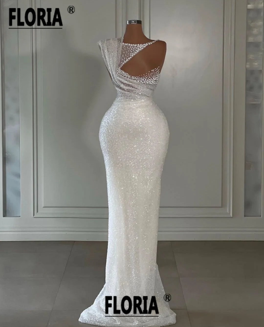 

Elegant White Pearls Mermaid Wedding Party Dresses Sheer Beaded Sleeveless Formal Evening Gowns Robe De Soiree Custom Made 2023