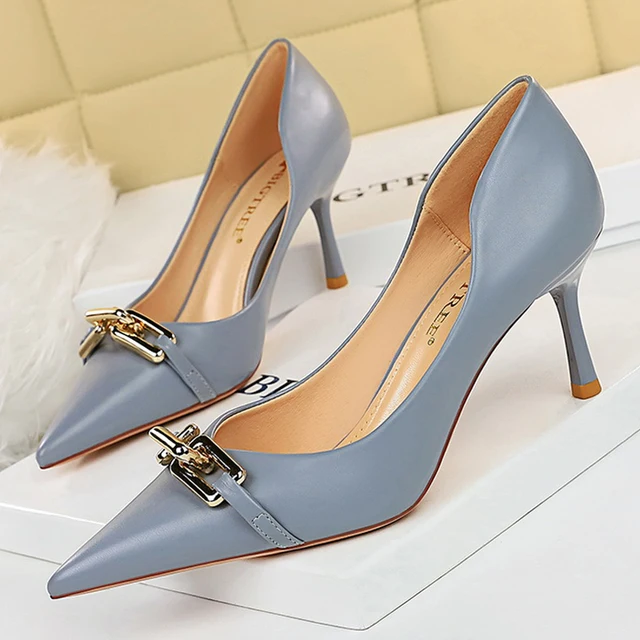 BIGTREE Shoes Elegant Women Pumps Metal Button Kitten Heels Women Shoes Stiletto Banquet Shoes Pointed High Heels Large Size 43 1