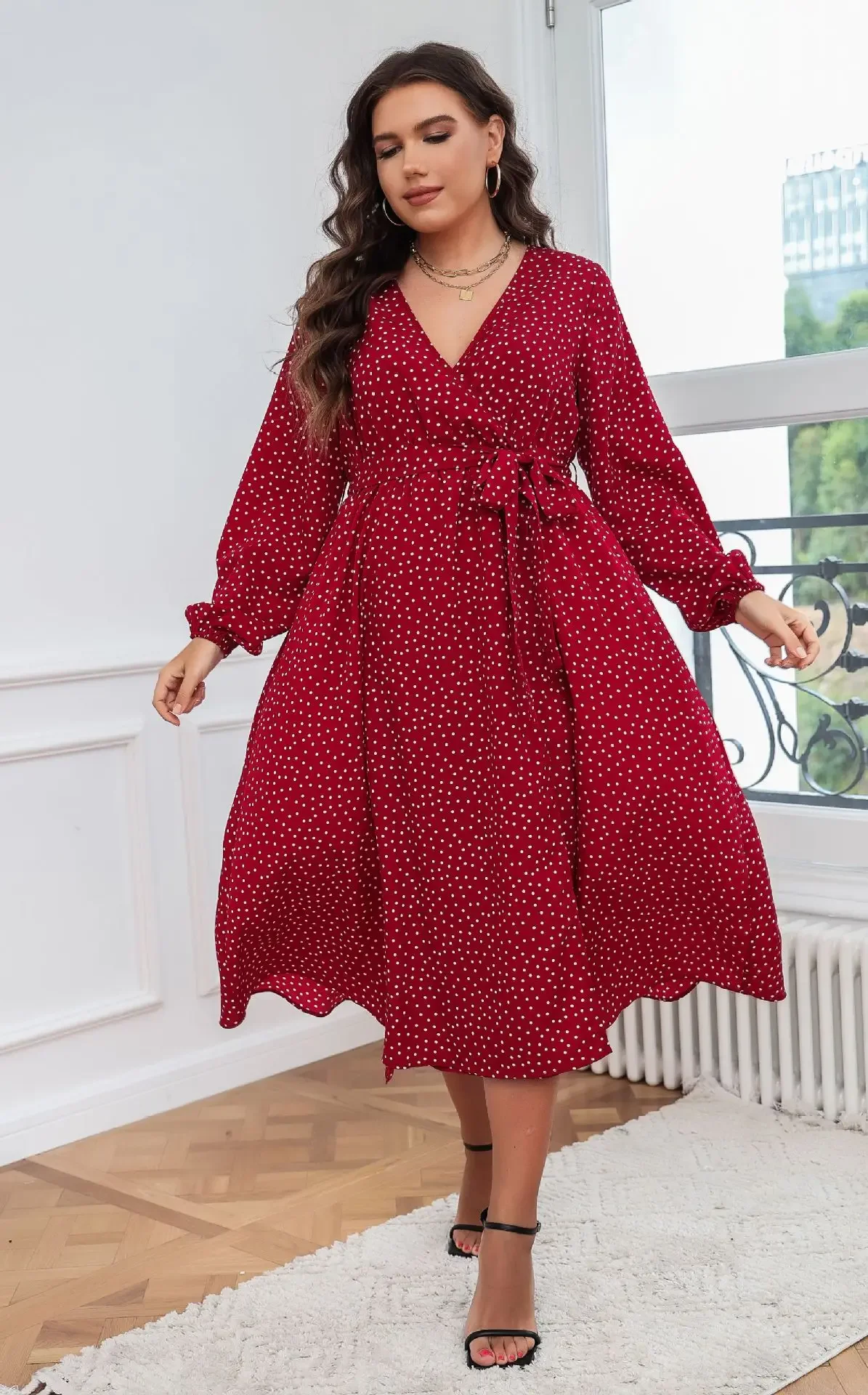 Plus Size Wrap V Neck Dresses Dotted Print Long Sleeves Boho Spring Fall A Line Swing Maxi Dress