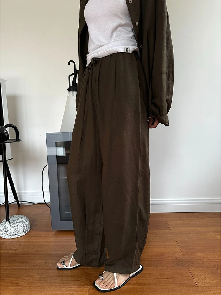 [LANMREM] Drawstring Design Linen Sunscreen Women's Pants High Wait Wide Leg Trousers Korean Clothing 2024 Summer New 26D9200