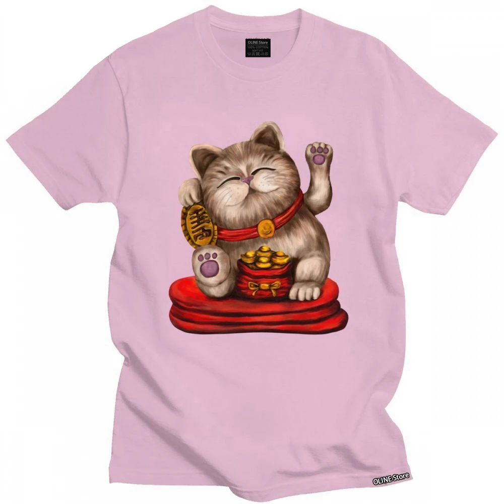 Kawaii Men Cute Maneki Neko T Shirt Short Sleeved Cotton Graphic Tshirt Leisure T-shirt Lucky Fortune Cat Tee Loose Fit Clothing t shirt sale