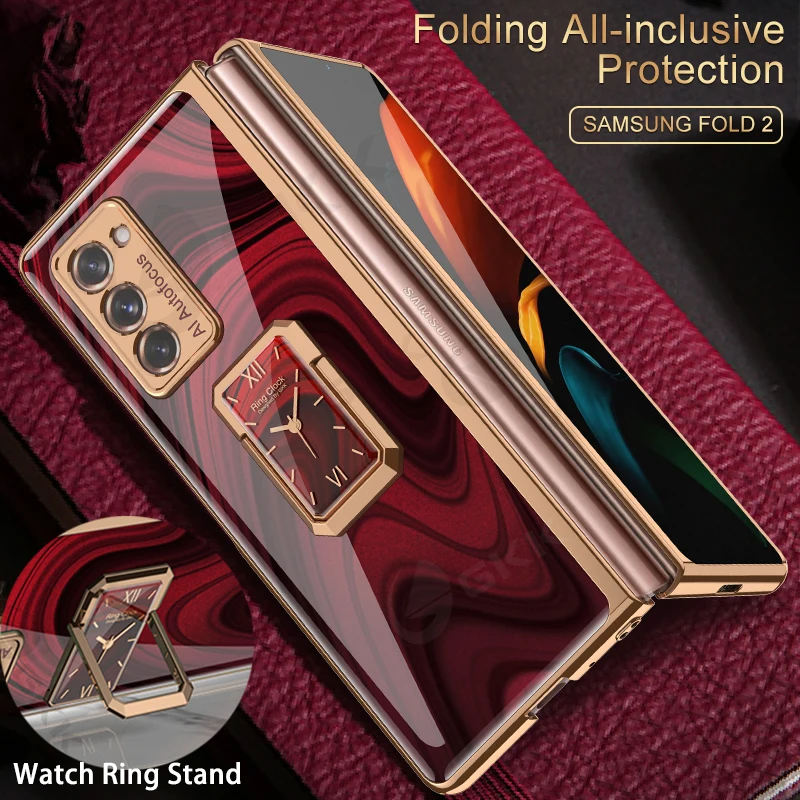 

For Samsung Galaxy Z Fold 2 3 4 Hard Case with Ring Stand For Galaxy Z Fold 2 3 4 Luxury Anodized Tempered Glass Protective Case
