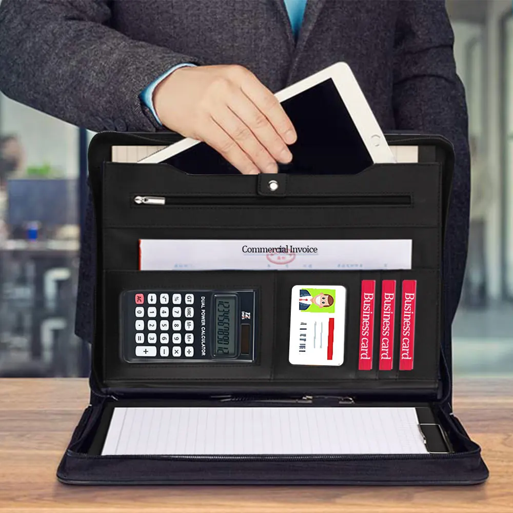 A4 Business Padfolio File Folder Portfolio Pu Leather Briefcase Calculator Notebooks Card Holder Office Document Organizer