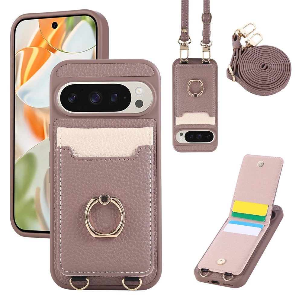Premium Crossbody Leather Phone Case with Ring Bracket, Card Holder, and Lanyard Strap
