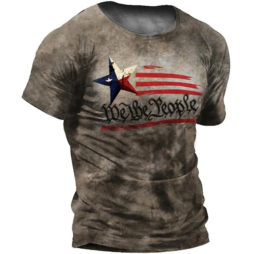 

3D Printed American Flag Men's Vintage T-shirt, Polyester Street Fashion Clothing, Round Neck, Short Sleeve, Loose Summer Top