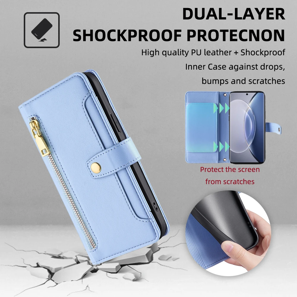 Multi-Function Leather Flip Wallet Case with Card Holders & Lanyard