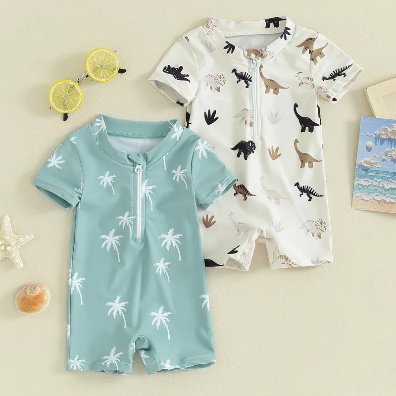 

Детский летний купальник для мальчиков, повседневный комбинезон на молнии с принтом дерева/динозавра и короткими рукавами, одежда для купания, пляжная одежда, купальный костюм