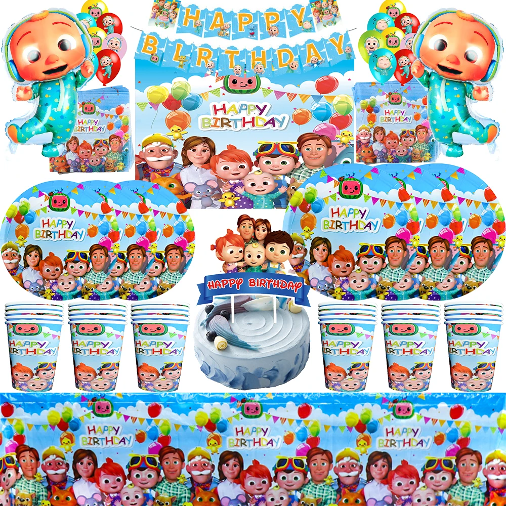 Party Supplies Birthday Party Supplies Disposable Tablecloth Birthday Tableware Set Cake Decoration Toppers Cartoon JJ Melon Birthday Party Decorations Disposable Tableware Cup Plate Tablecloth Cake Topper Balloon for Kids Baby Shower