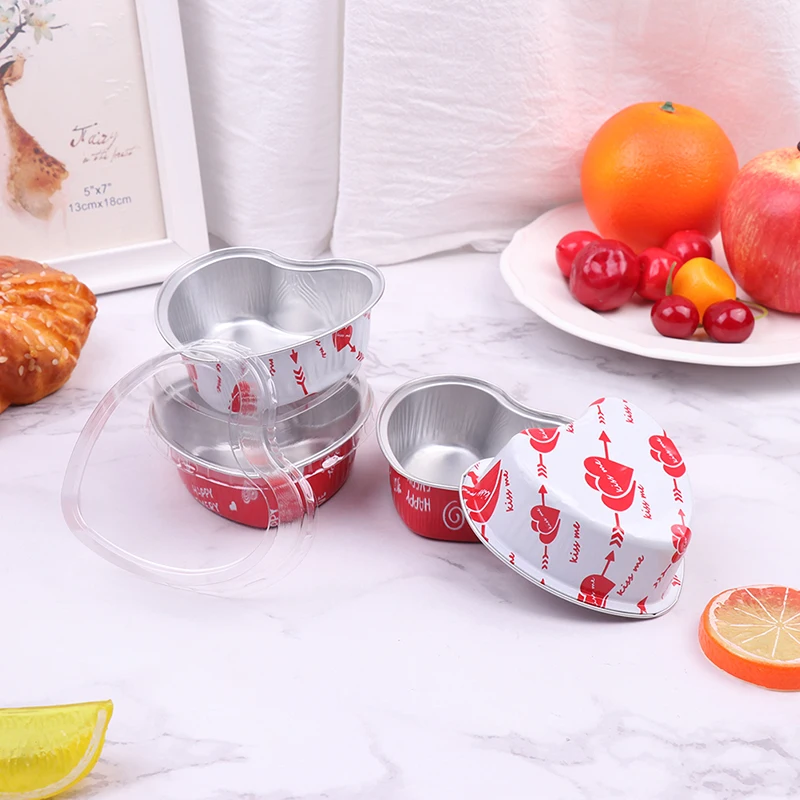 10Pcs/Set 100ML Heart Shaped Aluminum Foil Cake Pan Cupcake Cup with Lids Flan Baking Pans
