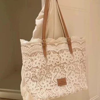 Women White Lace Flower Embroidery Tote Summer Seaside Travel Vacation Beach Bag Shoulder Retro Handbag 1