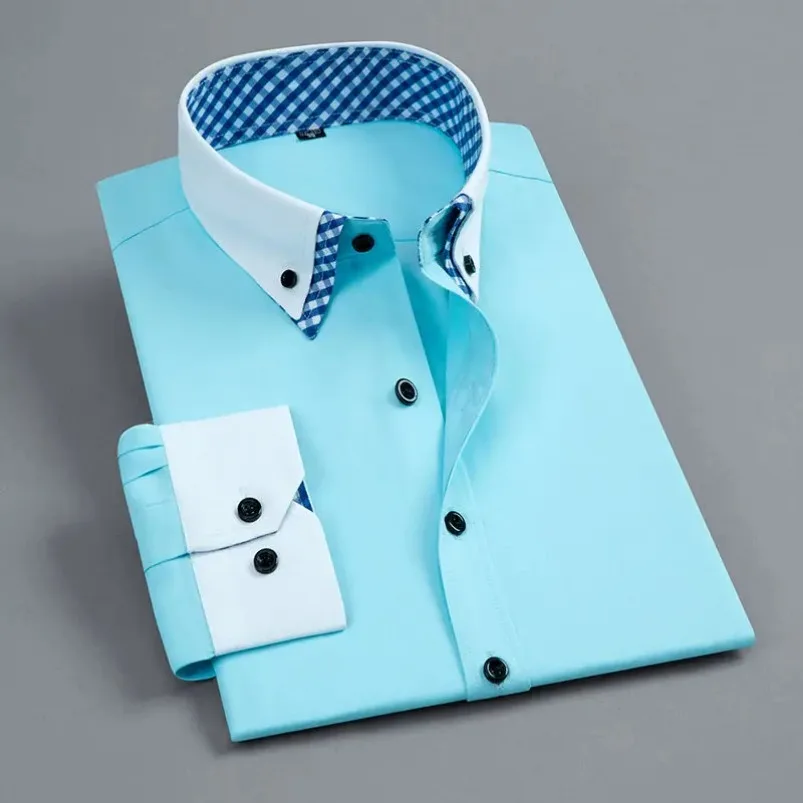 Mens Dress Shirt Long Sleeve Non Iron Fashion Double Layer Business Formal Regular Fit Office Camisa Social Shirts