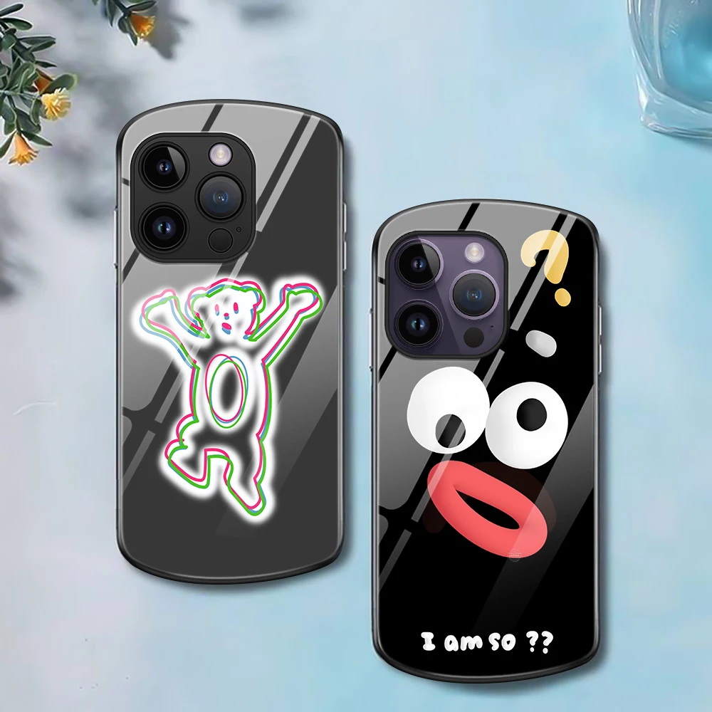 

Cute Funny Face Phone Case for iPhone 15 14 13 Pro Max Mini XR XSMax 7 8 Plus SE 12 11Oval Tempered Glass Protection Back Cover