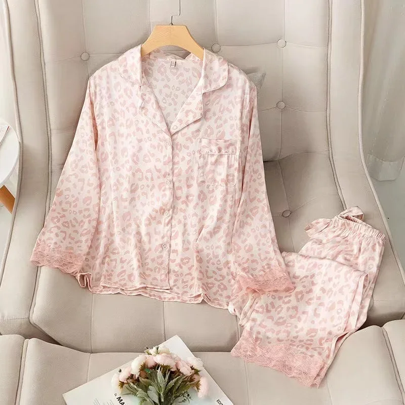 

Women Sleepwear Set Autumn Pajama Set Turn Down Collar Faux Silk Satin Lace Long Sleeve Pink Leopard Female Pijama Home Wear