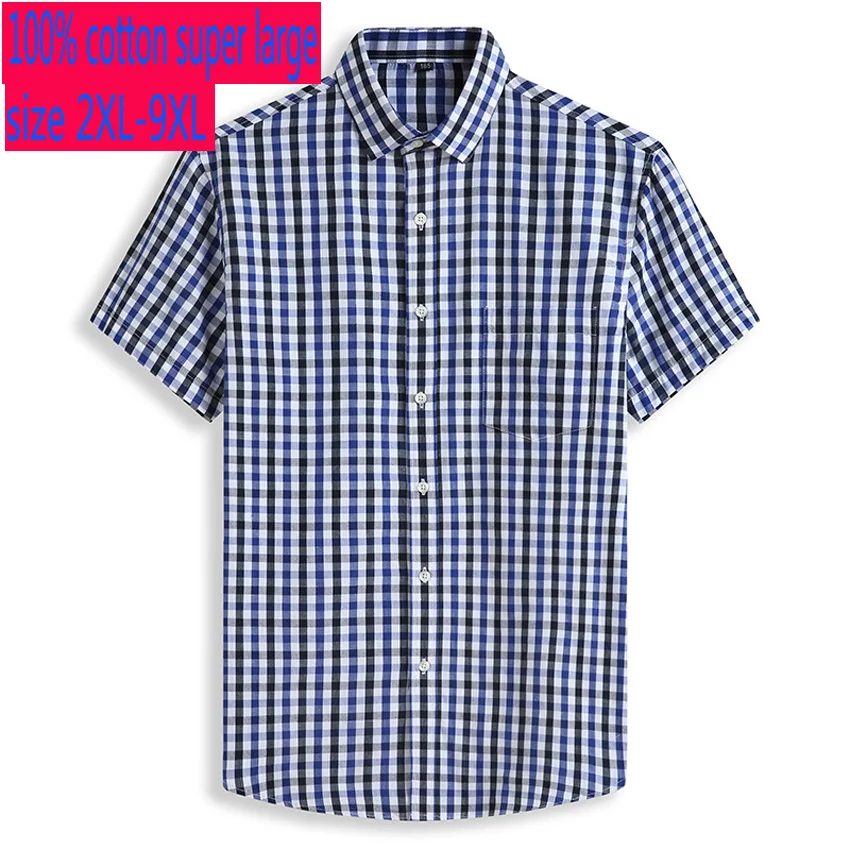 

New Arrival Summer Super Large Men Short Sleeve Loose 100%cotton Fashion Casual Shirts Plaid Plus Size 2XL3XL4XL5XL6XL7XL8XL9XL