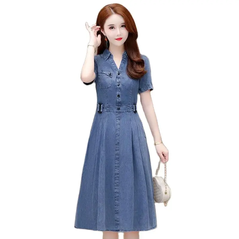 

Summer New Ladies Modal Slim Denim Dress Fashion Solid Color V-neck 2023 Summer Temperament Loose Casual Dress Female Tide