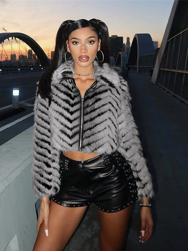 Nibber Furry Jacker Women Gradient Zebra Stripes Zipper Casual Warm Winner New Trend Street Fashion Classic Comfortable Coat