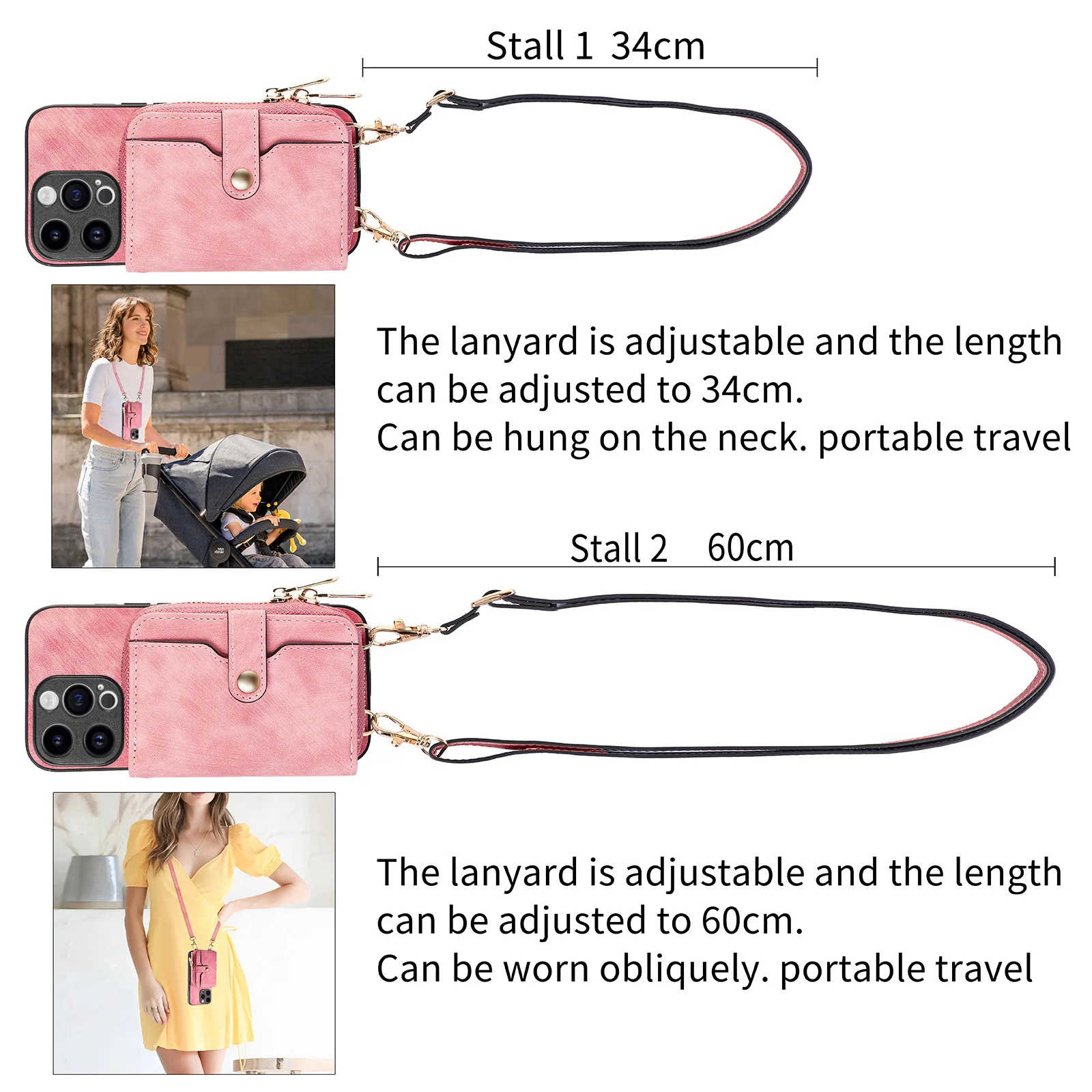 Zipper Wallet Shoulder Strap Case for iPhone 15 Pro Max 14 13 12 11 Pro Max 15 Plus 13 Pro Leather Card Pocket Lanyard Cover