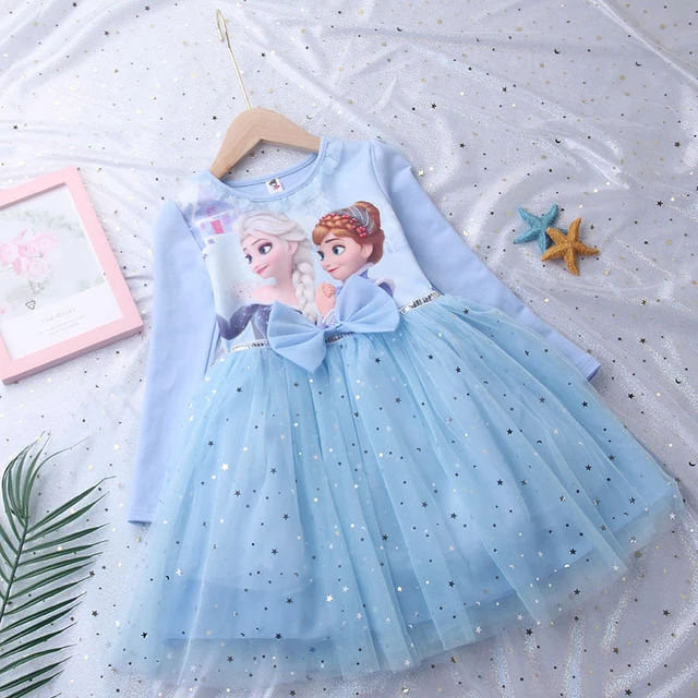 Girls Frozen Princess Dress Baby Girl Elsa Long Sleeve Pure Cotton Dress  Autumn Children Shaggy Gauze