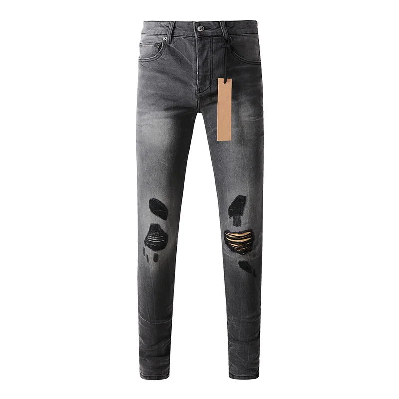 Men's Black Gray Skinny Original Quality Button Fly Ripped Jeans