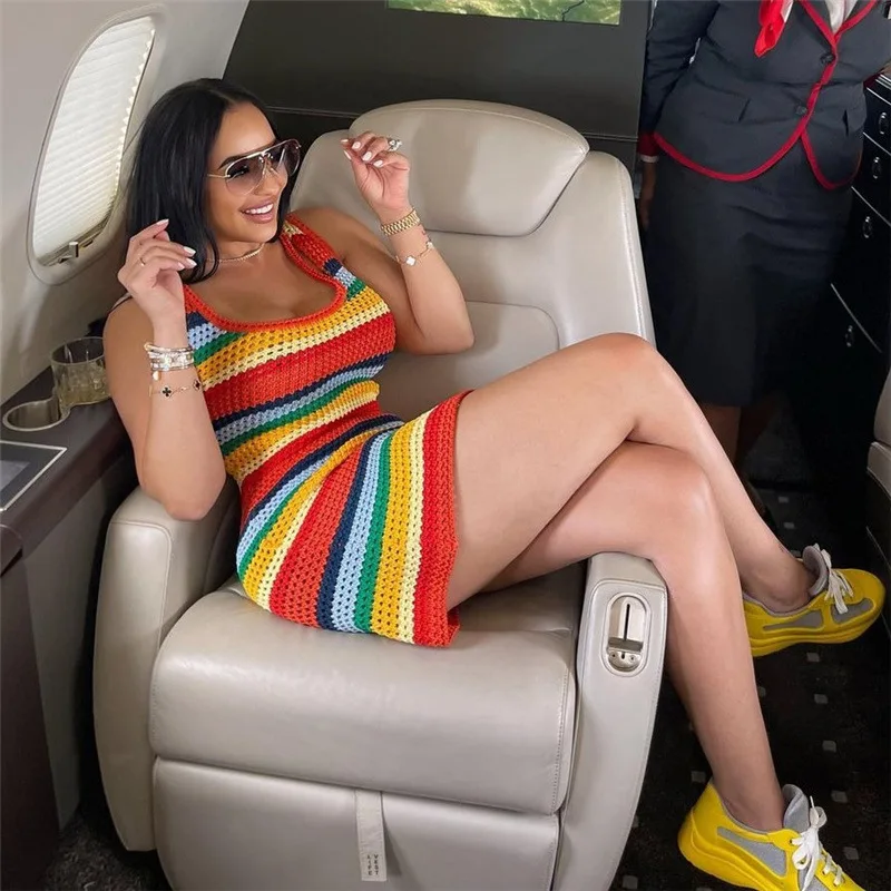 

Женское трикотажное платье без рукавов, облегающее ажурное платье контрастных цветов с высокой талией, лето 2023