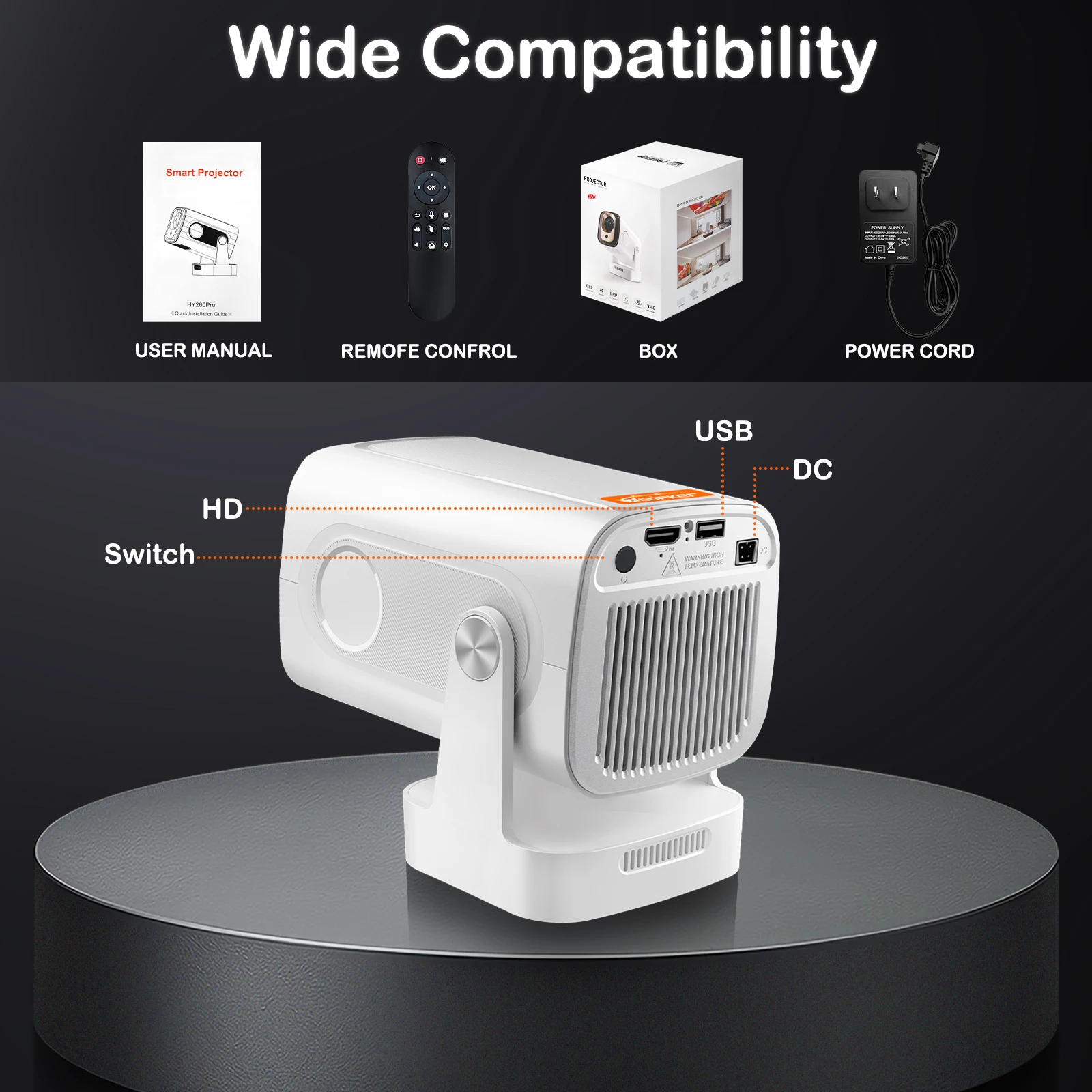 HY260 Pro Projector 330 Ansi Supperted 4K Android 11 Wifi6 BT5.4 Auto Focus Voic