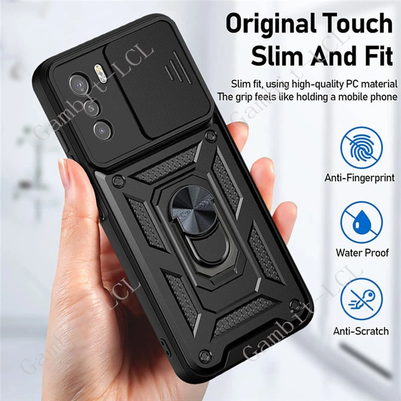 Anti-Falling Ring Armor Case with Magnetic Holder Stand and Sliding Camera Lens Cover