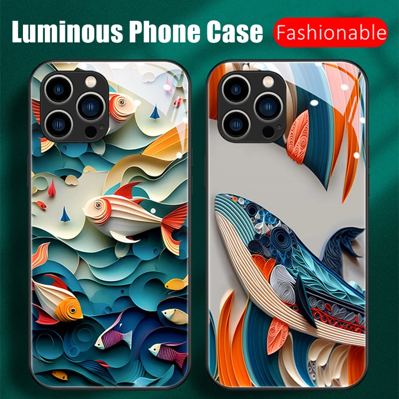 

Origami Fish LED Light Glowing Luminous Tempered Glass Phone Case for iPhone 11 12 13 14 15 X Xs Xr Mini Pro Max Plus Cover