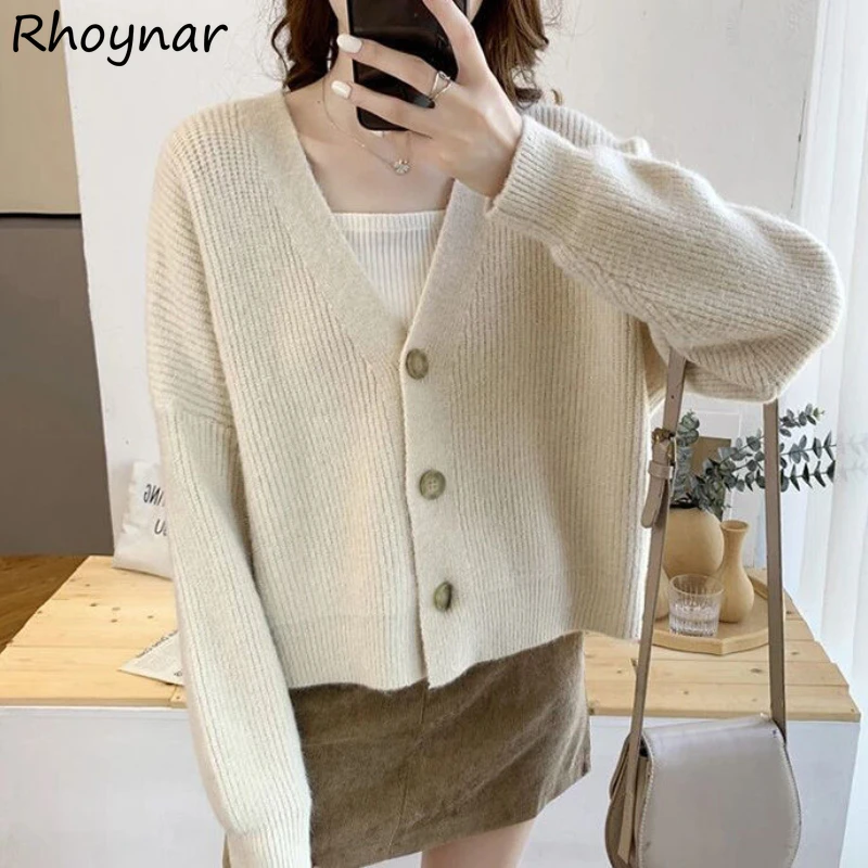 

Cropped Knitted Cardigan Women Autumn Korean Style Retro Loose Slouchy V-neck Single Breasted Pull Femme Casual Pure Elegant Ins