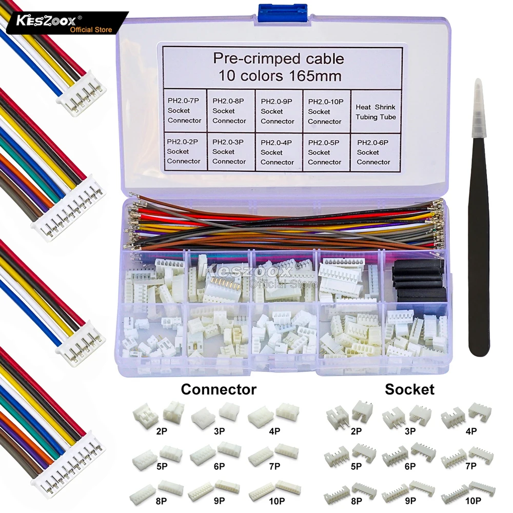 

Keszoox JST 2mm PH 2.0 2/3/4/5/6/7/8/9/10P Housing with 22AWG Pre-Crimped With Terminal Wire Adaptor