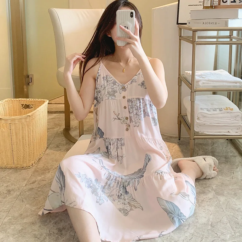 Night Dress Women Print Cartoon Sexy Sleepwear Lingerie Cute Nightdress Strap Thin Female Underwear Nighty Home Wear Clothes