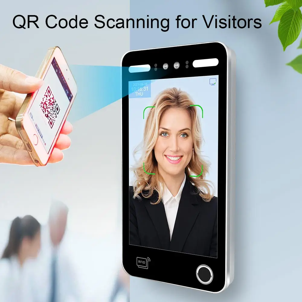 10.1 인치 IP65 생체 인식 출석 시스템 AI 얼굴 QR 코드 리더 액세스 제어 지문 타임 머신 RFID 카드 모바일 앱