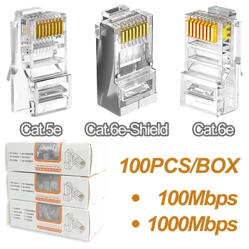 100Pcs Cat5e Cat6e Gold Plated Crystal RJ45 Network Plug Connector for Internet Ethernet Cable 1000Mbps/100Mbps